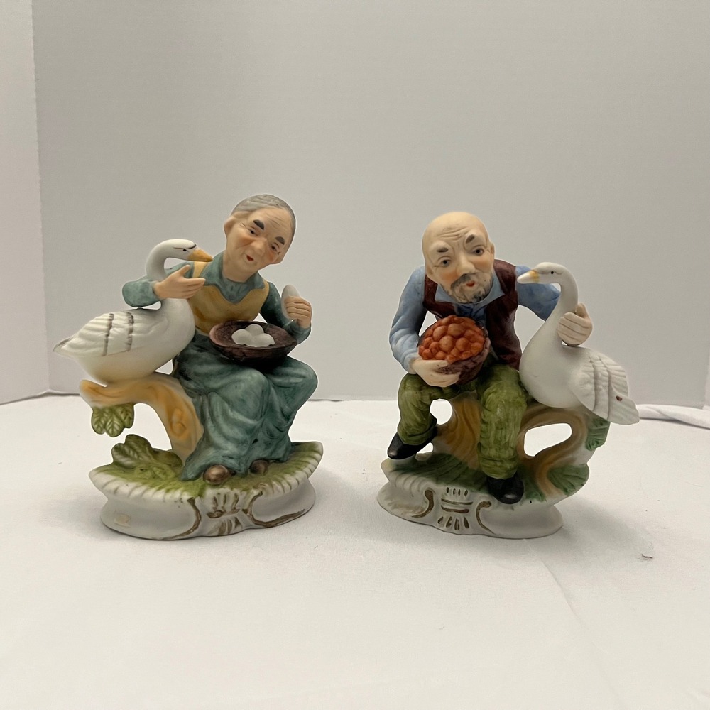 Vintage Porcelain Elderly Man & Woman‎ Goose Figurine Set Farmhouse Decor